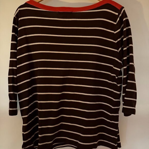 Ralph Lauren 3/4 Sleeve Jersey Top, Brown and White Striped Orange Neckline, 1X - Picture 4 of 5